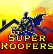 Superhero roofer holding a hammer in front of roofs, logo "Super Roofers" over a sunset.