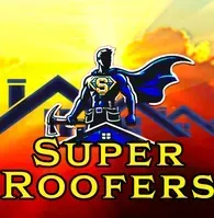 Superhero roofer holding a hammer in front of roofs, logo "Super Roofers" over a sunset.
