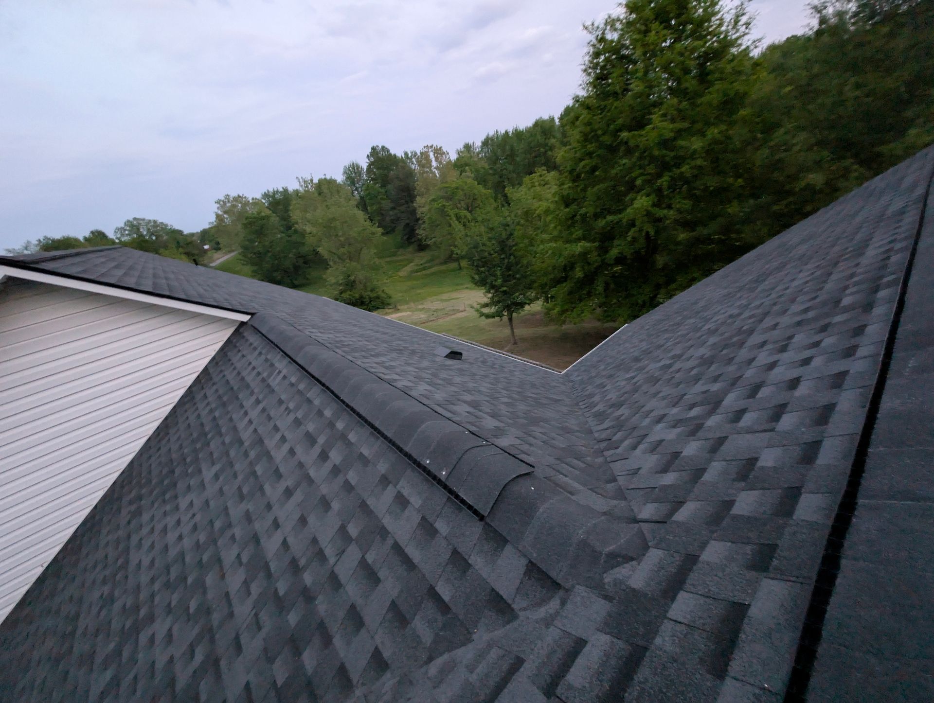 Dark shingled roof with a valley and trees in the background under an overcast sky.