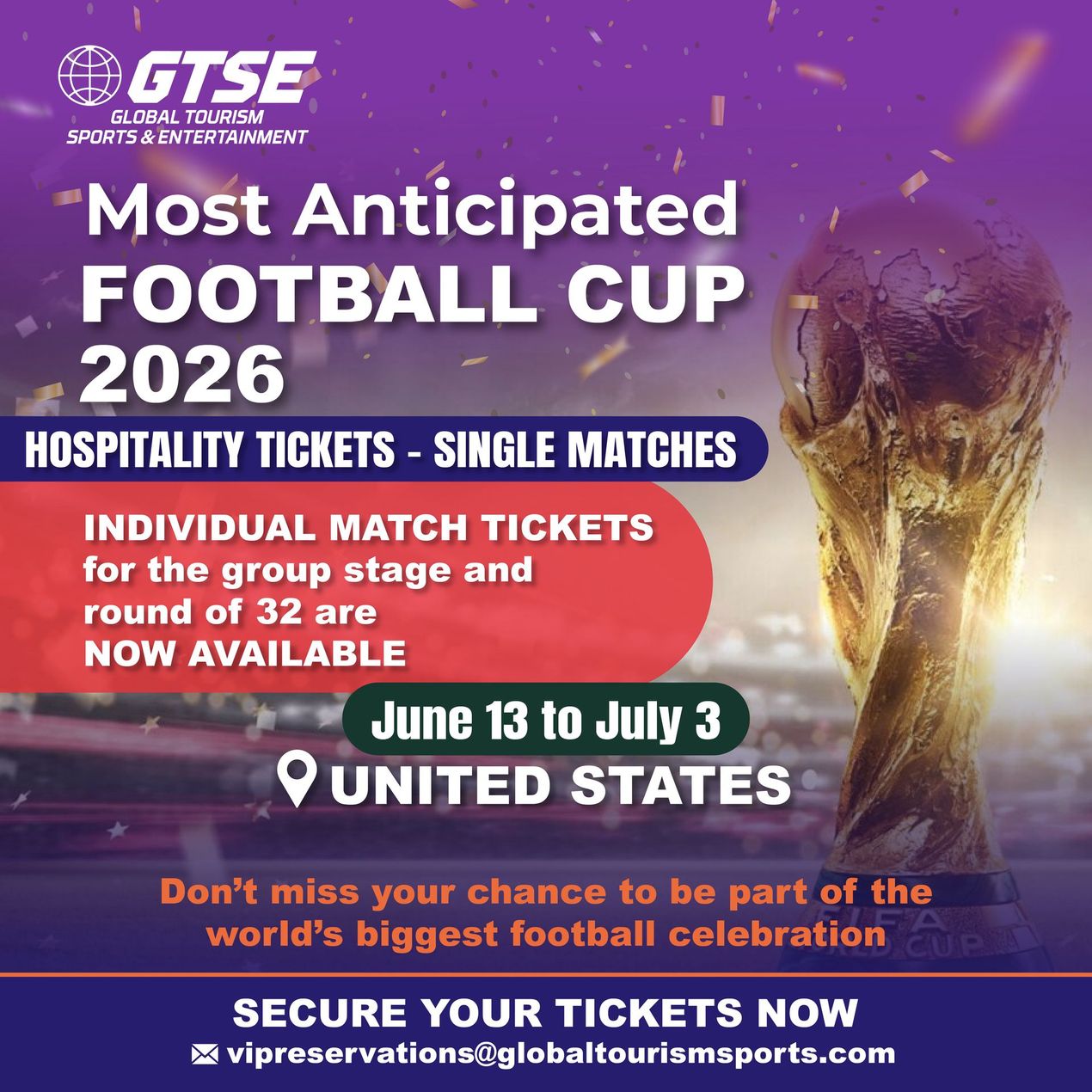 Promotional graphic for 2026 Football Cup hospitality tickets in the United States, June 13-July 3. Includes text, trophy, and logo.