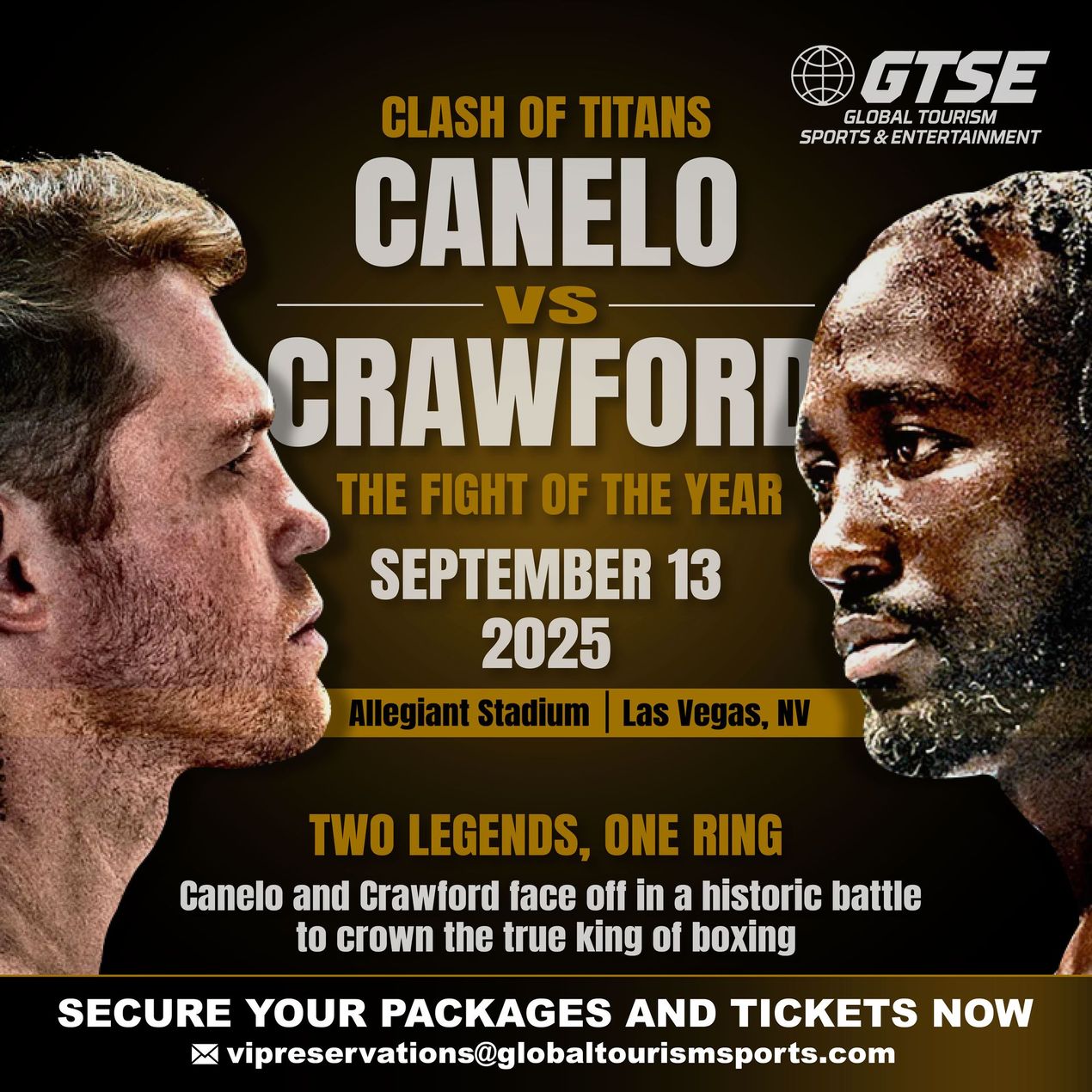 Boxing poster: Canelo vs Crawford at Allegiant Stadium, Las Vegas, September 13, 2025. Featuring side profiles of the boxers, and event details.