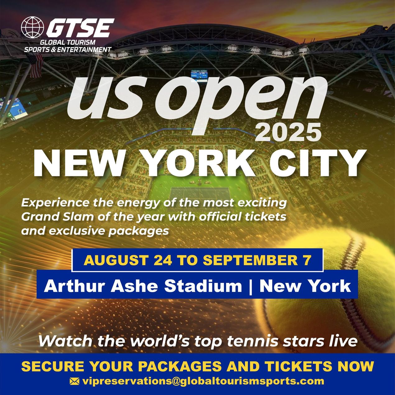 Advertisement for the 2025 US Open in New York City, August 24 - September 7 at Arthur Ashe Stadium. Offers tickets and packages.
