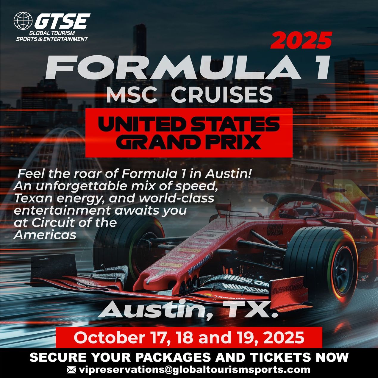 Advertisement for Formula 1 in Austin, TX, featuring a red race car. Includes dates and contact info for tickets.