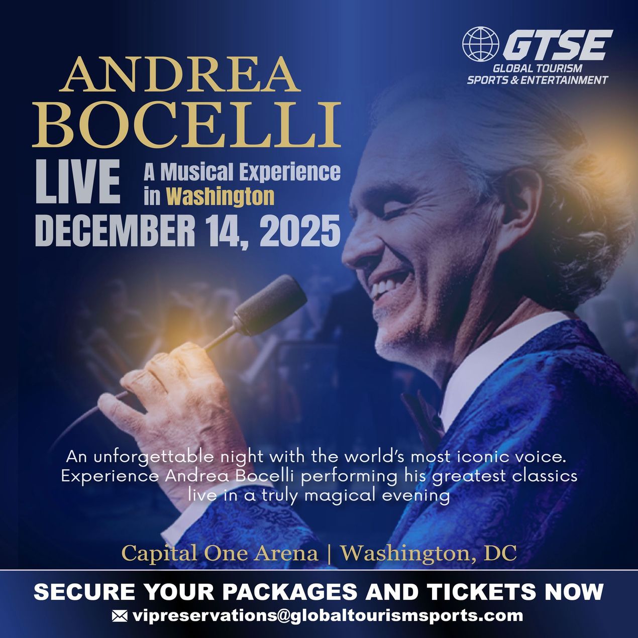 Poster advertising Andrea Bocelli's live performance at Capital One Arena in Washington, DC on December 14, 2025.