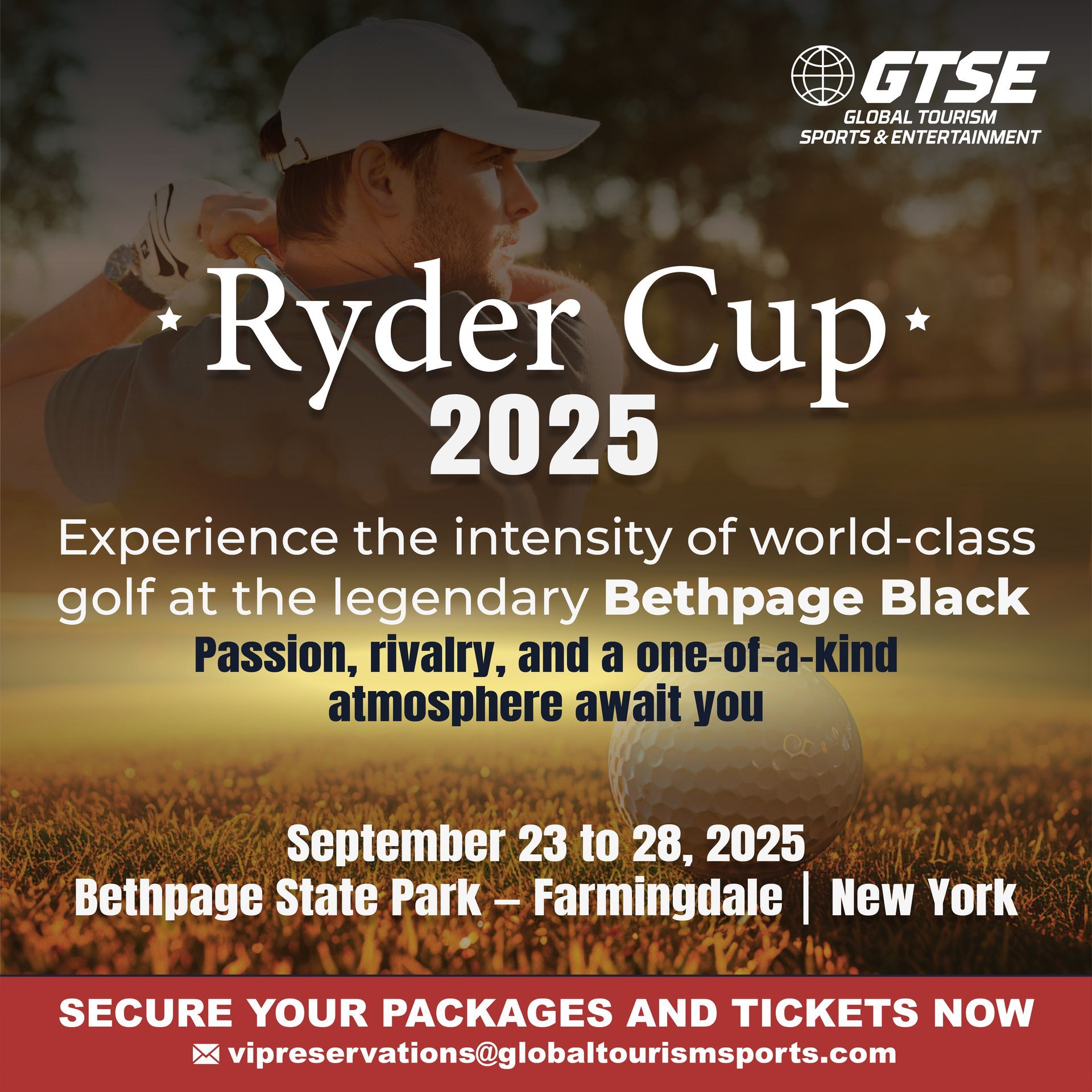 Advertisement for the 2025 Ryder Cup at Bethpage Black, NY. A golfer is featured. Dates are September 23-28, 2025.