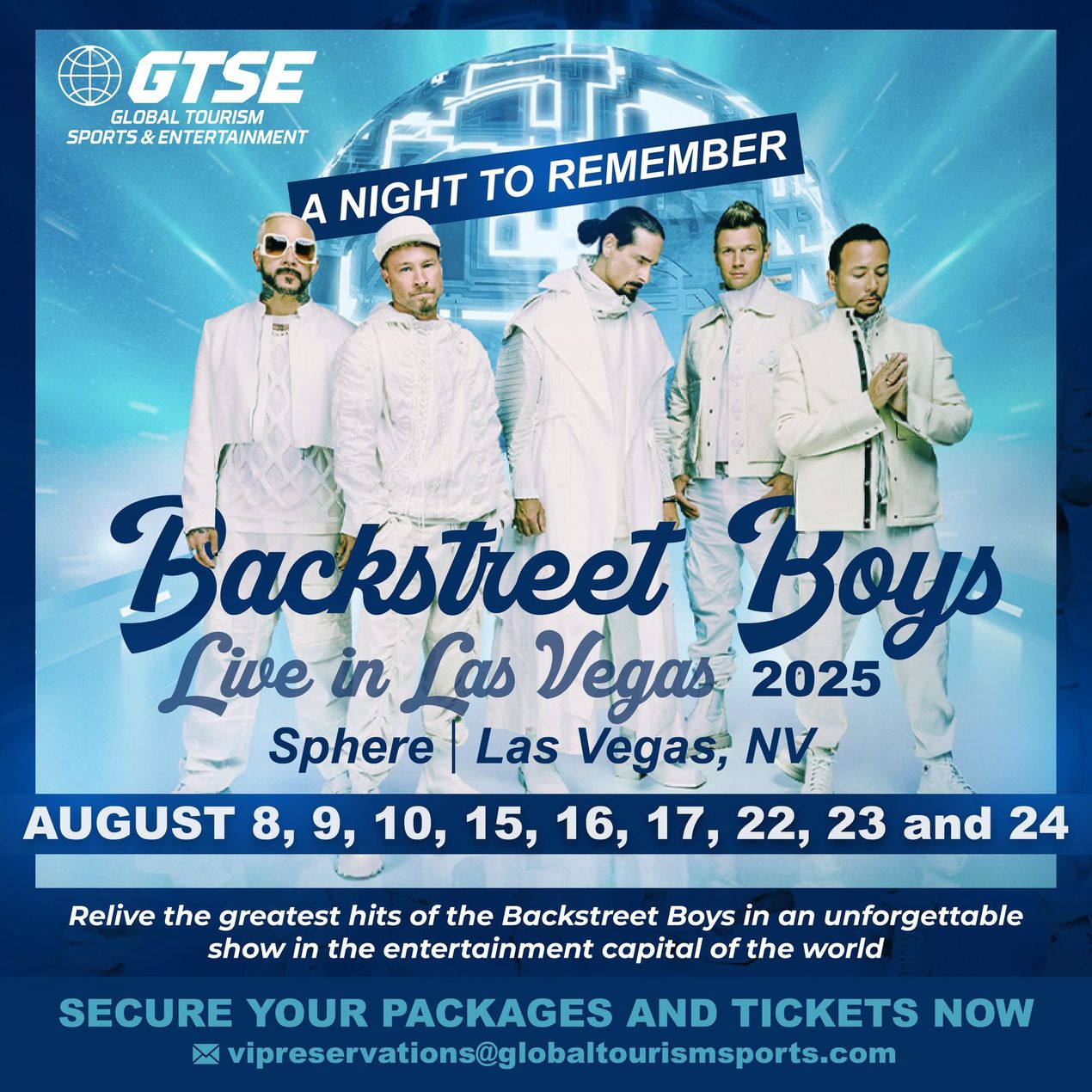 Backstreet Boys concert announcement: August 2025 in Las Vegas. Featuring the band in white outfits, with concert dates and venue.