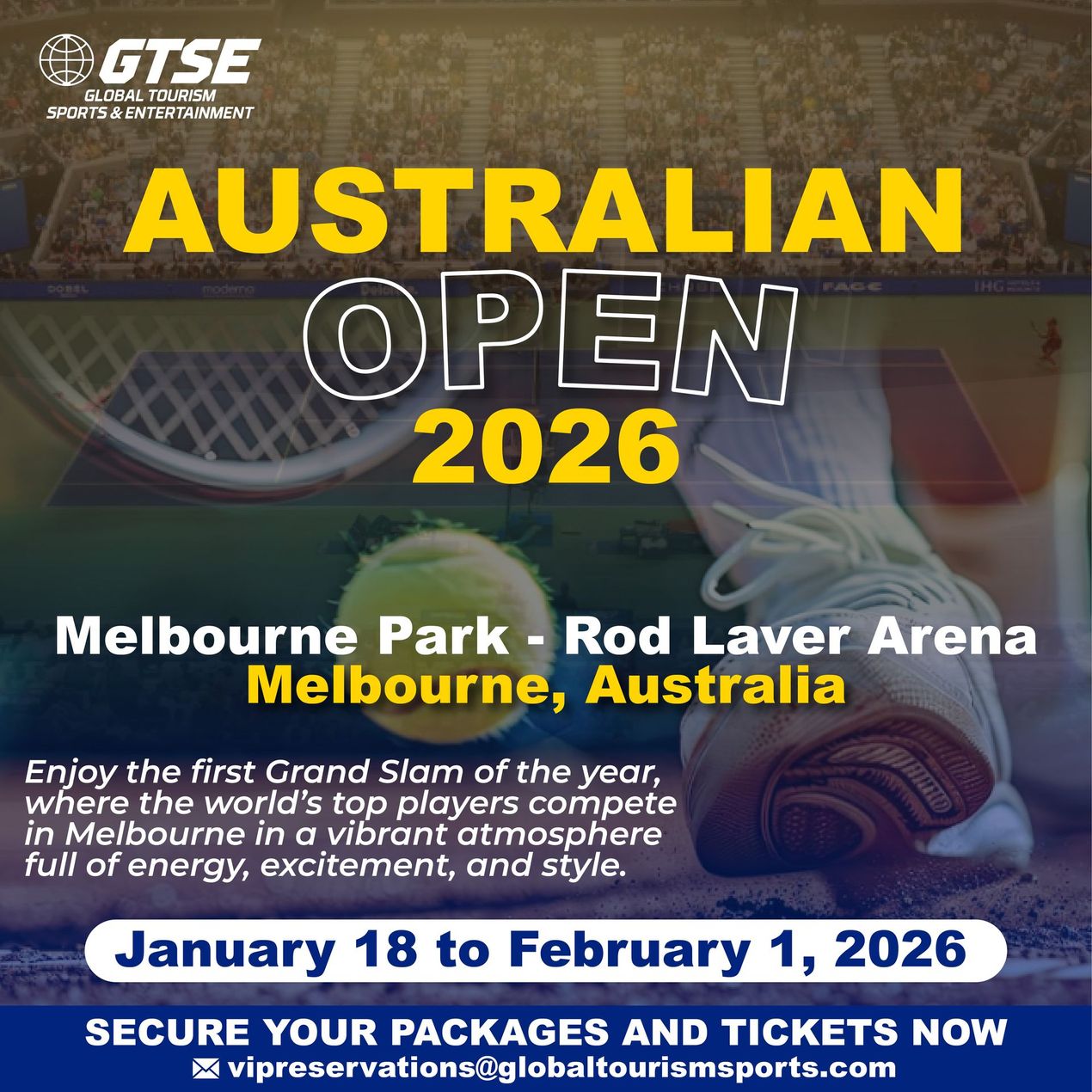 Australian Open 2026 advertisement. Tennis ball, players, Melbourne Park, Rod Laver Arena, Australia. January 18-February 1, 2026.