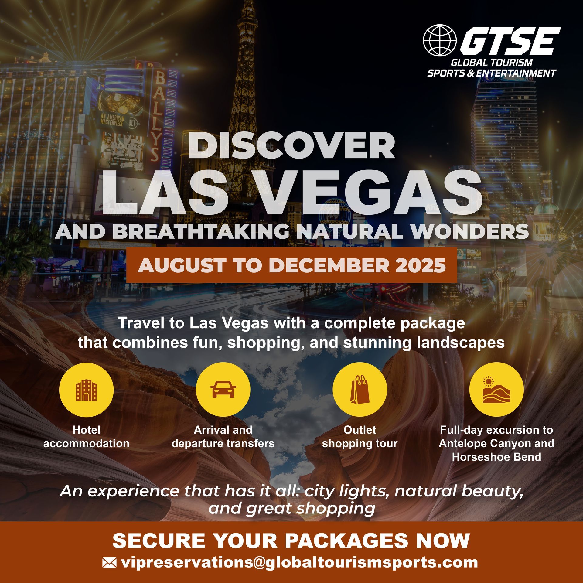 Advertisement for a Las Vegas tour package (Aug-Dec 2025) featuring hotel, airport transfer, shopping, and Antelope Canyon/Horse Shoe Bend tours, with a city and natural wonders theme.