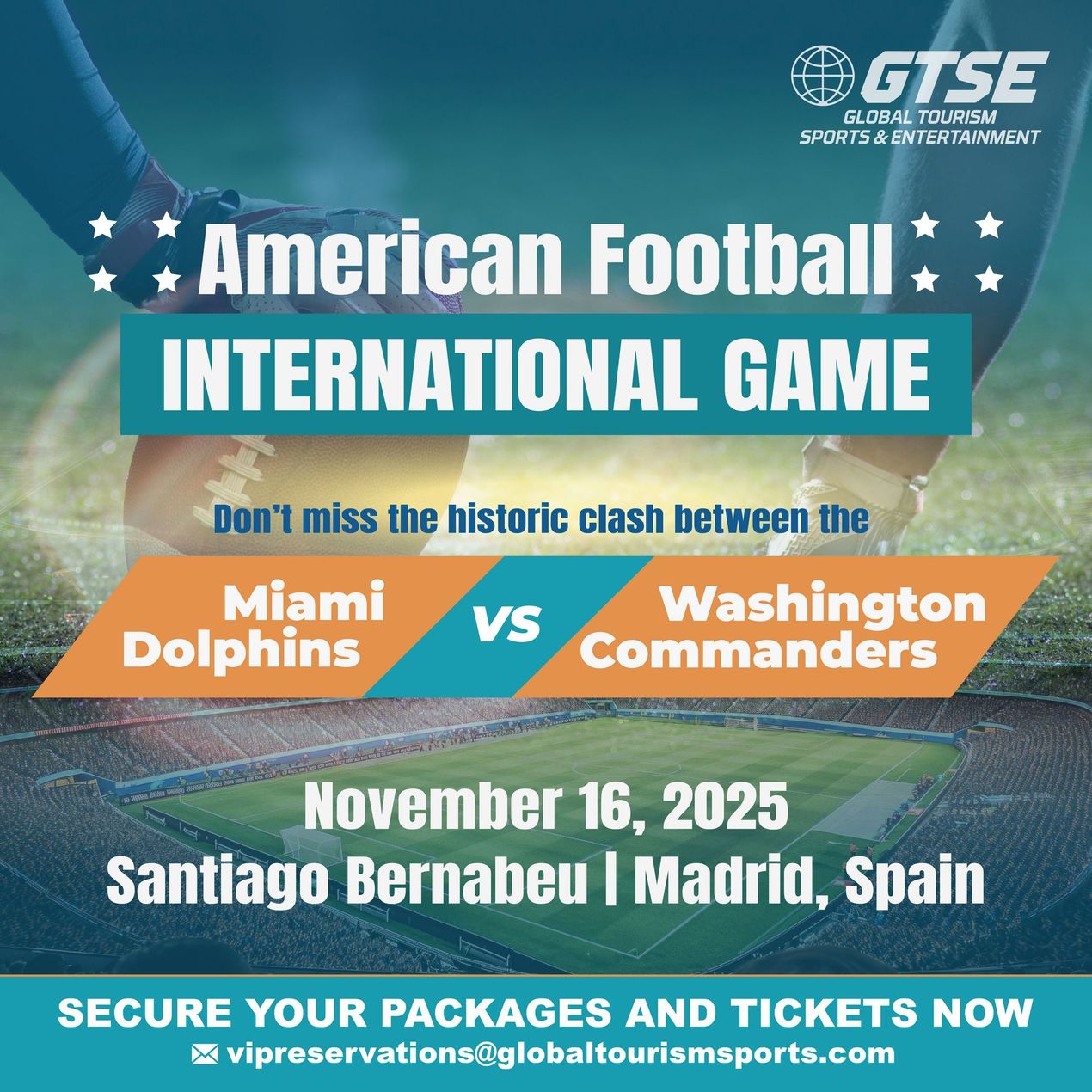 American Football game announcement in Madrid, Spain, featuring the Miami Dolphins vs. Washington Commanders on November 16, 2025, at the Santiago Bernabeu stadium.