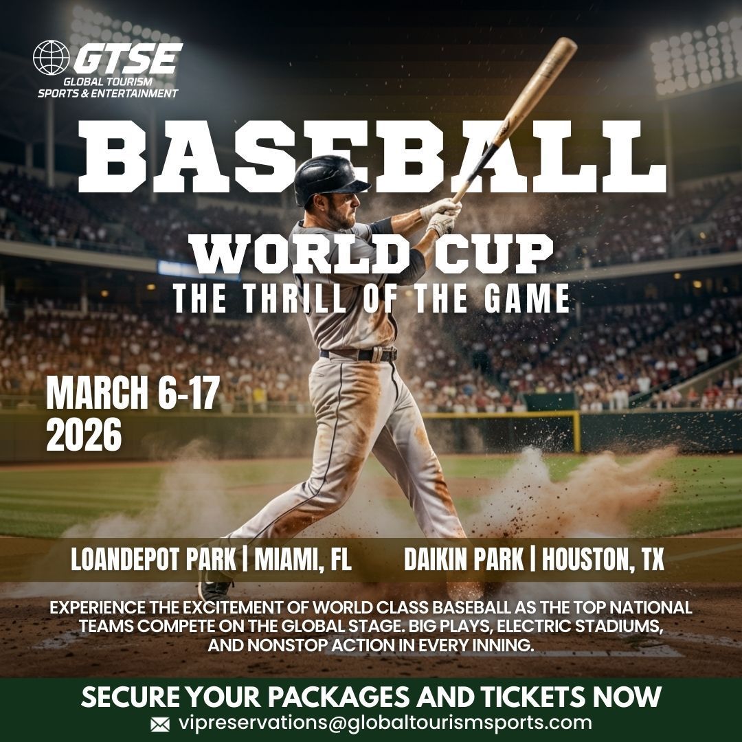 Baseball World Cup promotion with a batter swinging at a ball in a stadium, March 6-17, 2026, Miami and Houston.
