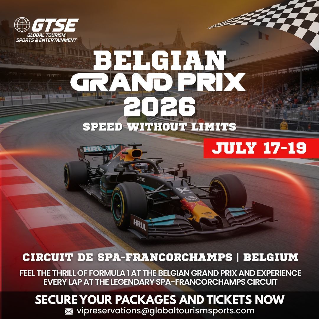 Promotional poster for the 2026 Belgian Grand Prix at Spa-Francorchamps, featuring a Formula 1 car on a racetrack.