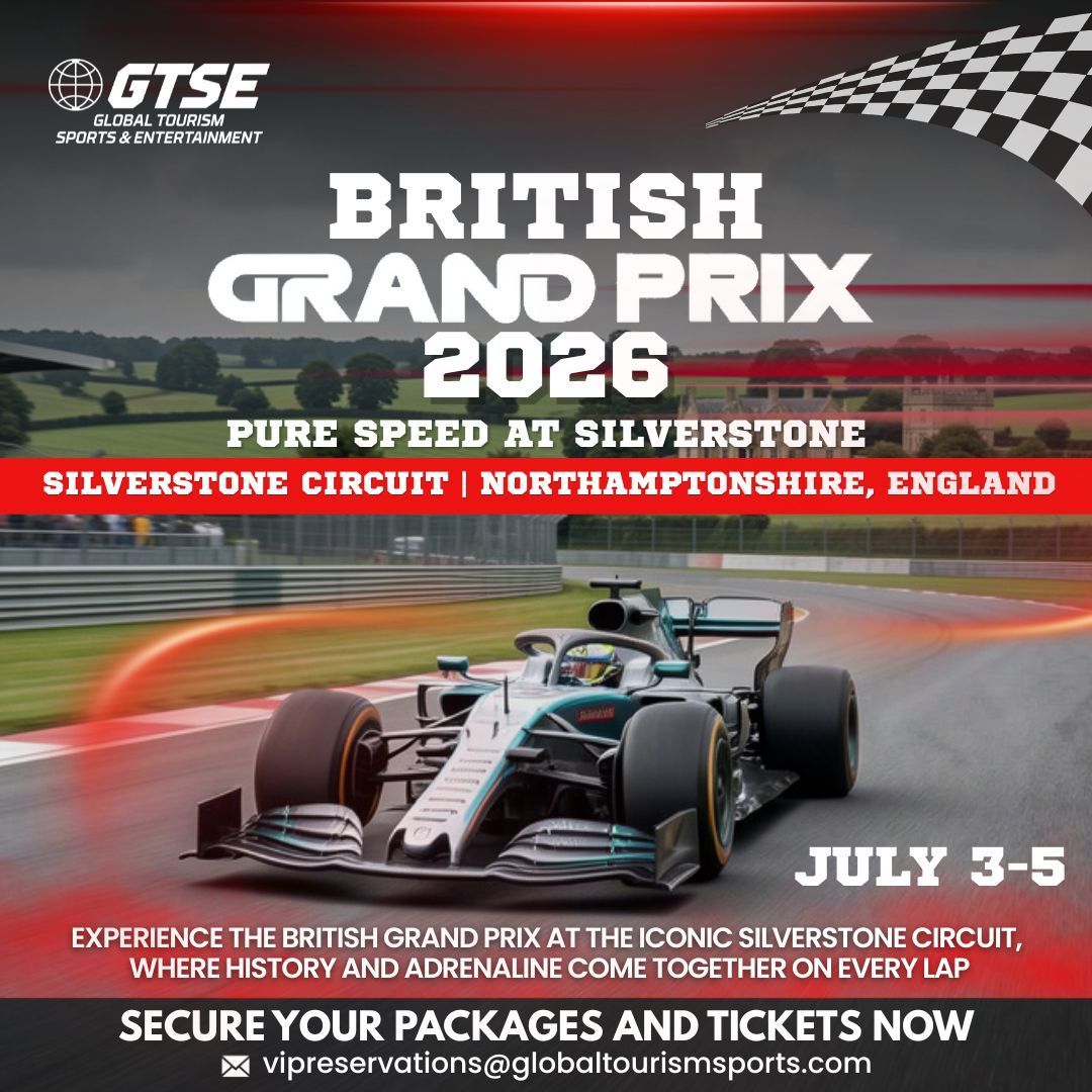 British Grand Prix 2026 poster with Formula 1 cars racing at Silverstone, July 3-5