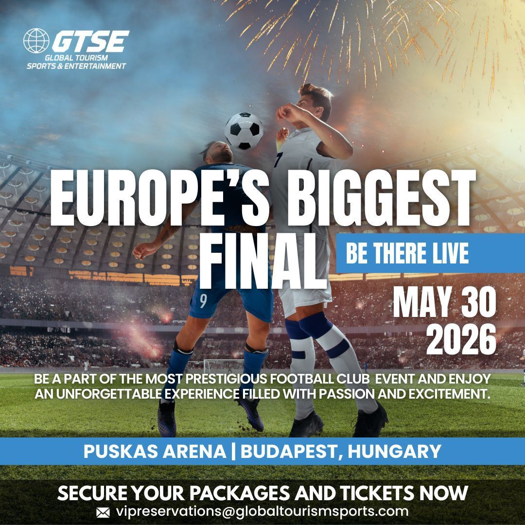 Promotional poster for a soccer final at Puskas Arena, Budapest on May 30, 2026, featuring two athletes heading a ball.