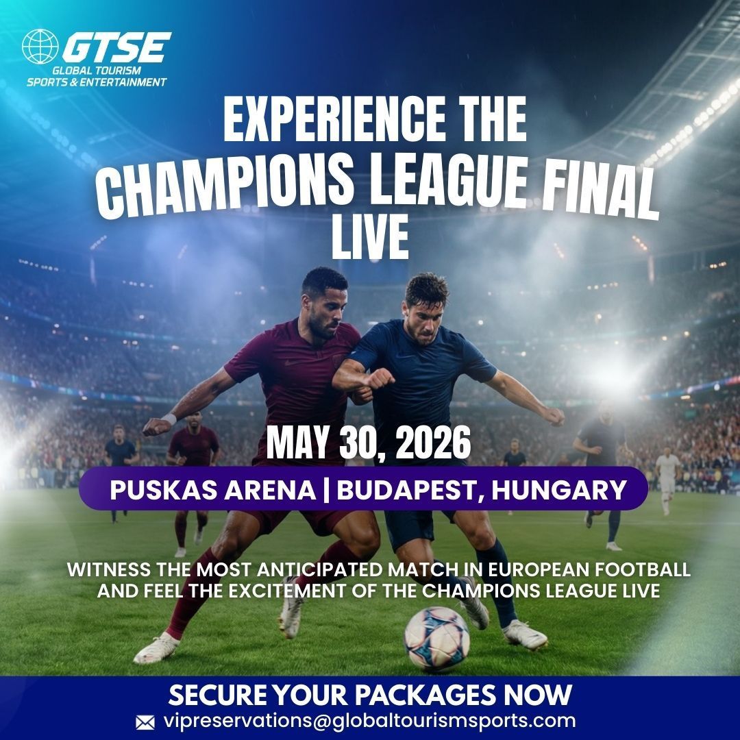 Ad for Champions League Final at Puskas Arena, Budapest, 2026. Two soccer players battle for the ball, with text overlay.