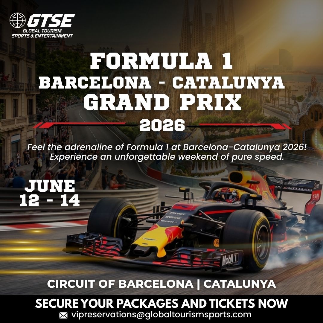 Formula 1 Barcelona-Catalunya Grand Prix 2026 advertisement. Features a race car, track details, and dates (June 12-14).