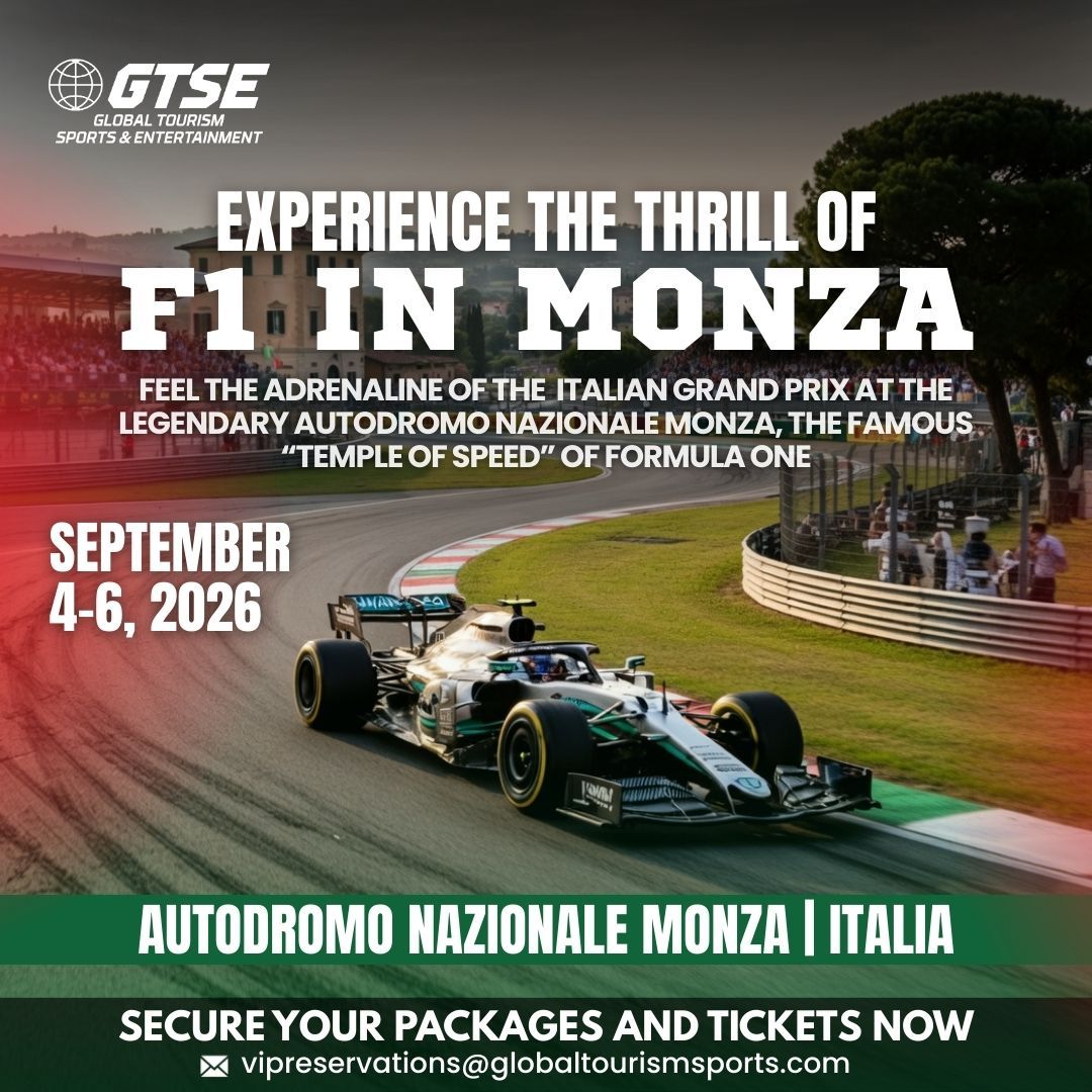 Promotional graphic for the 2026 Italian Grand Prix at Monza, featuring a Formula 1 car on a track with event details.