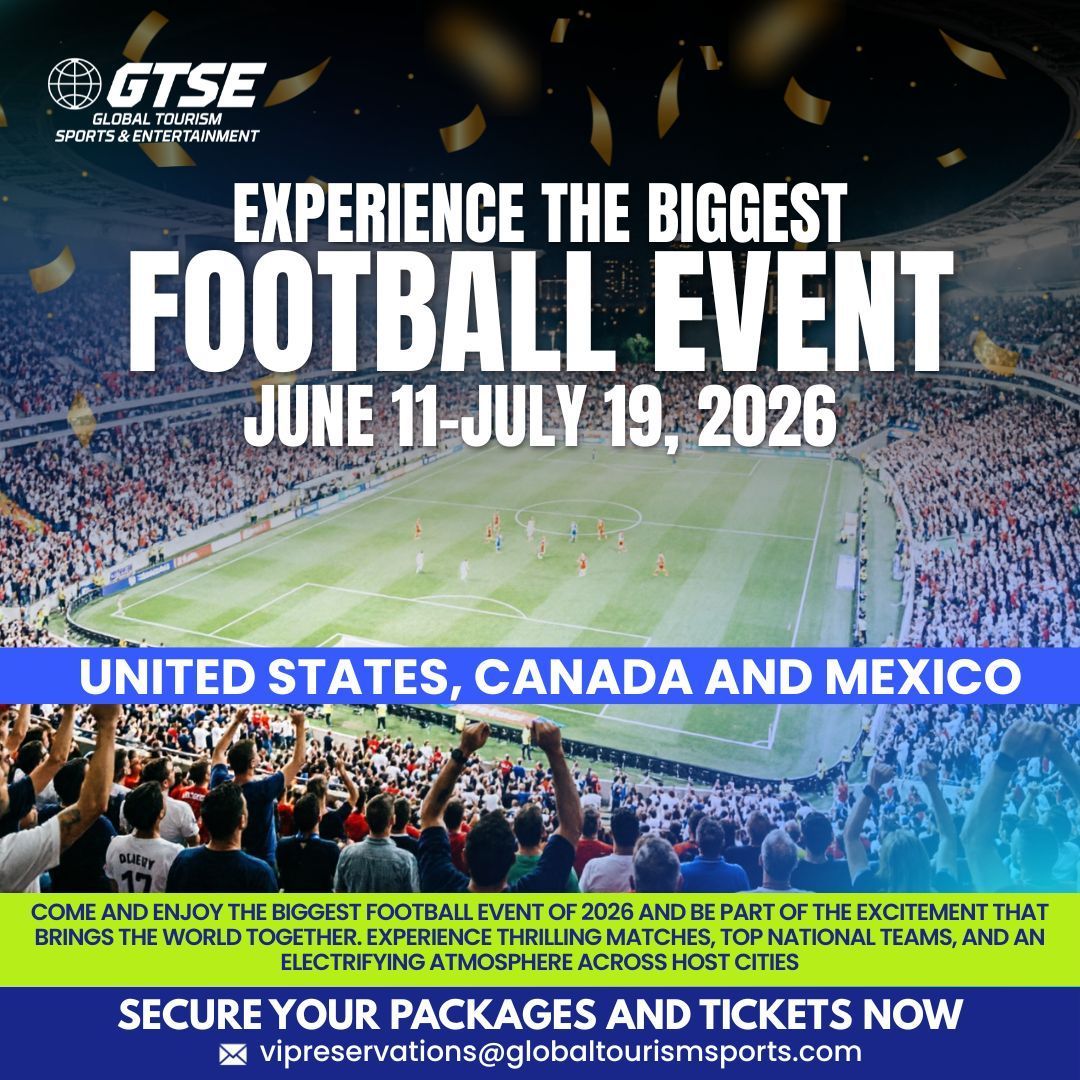 Soccer stadium poster announcing 2026 football event in the United States, Canada and Mexico, with dates June 11-July 19.