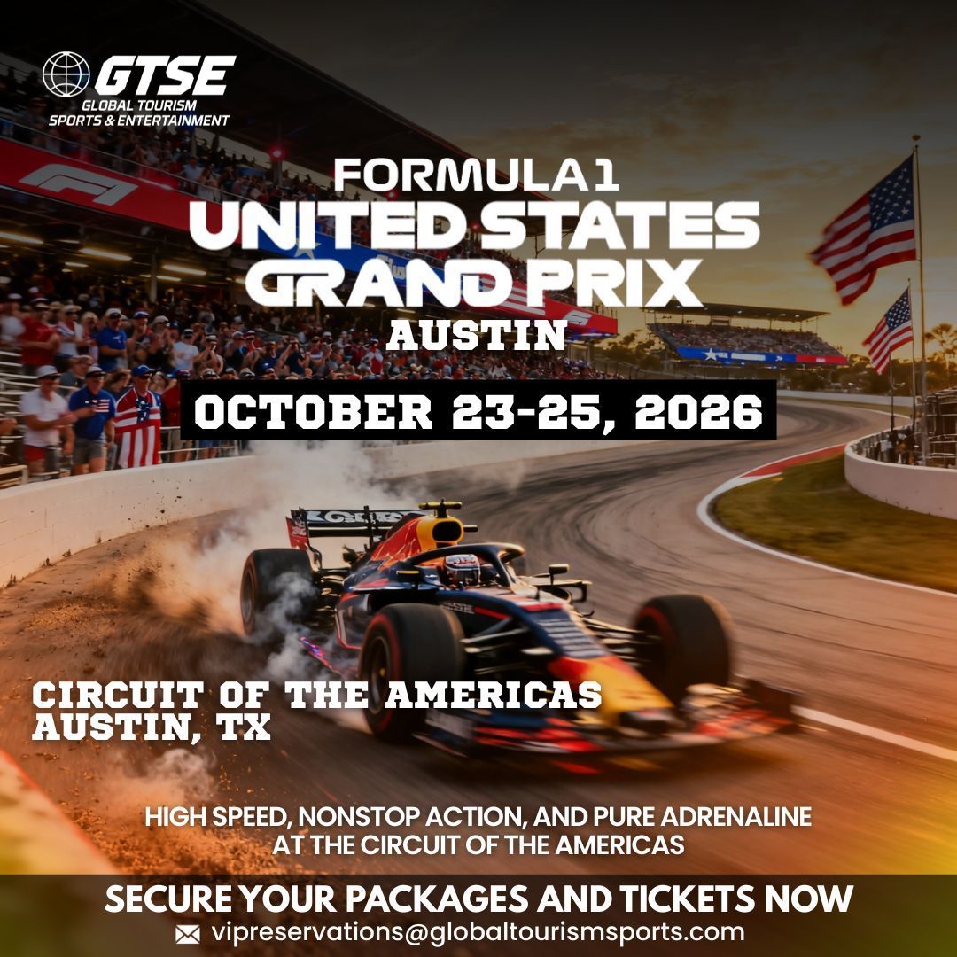 Formula 1 United States Grand Prix in Austin, TX, October 23-25, 2026. A race car on the track with the American flag in the background.