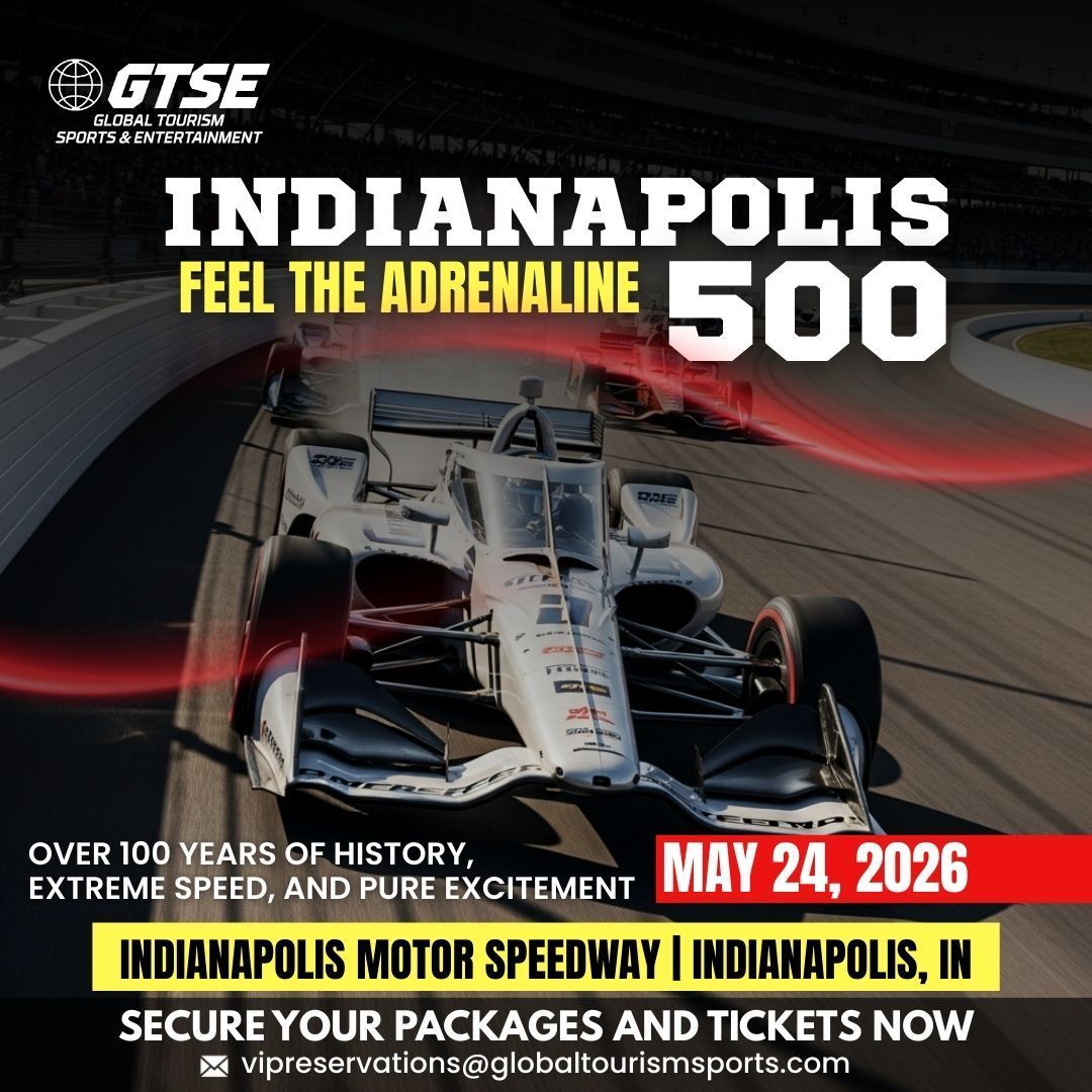 Indianapolis 500 race advertisement with a white race car on a track. May 24, 2026 at Indianapolis Motor Speedway.