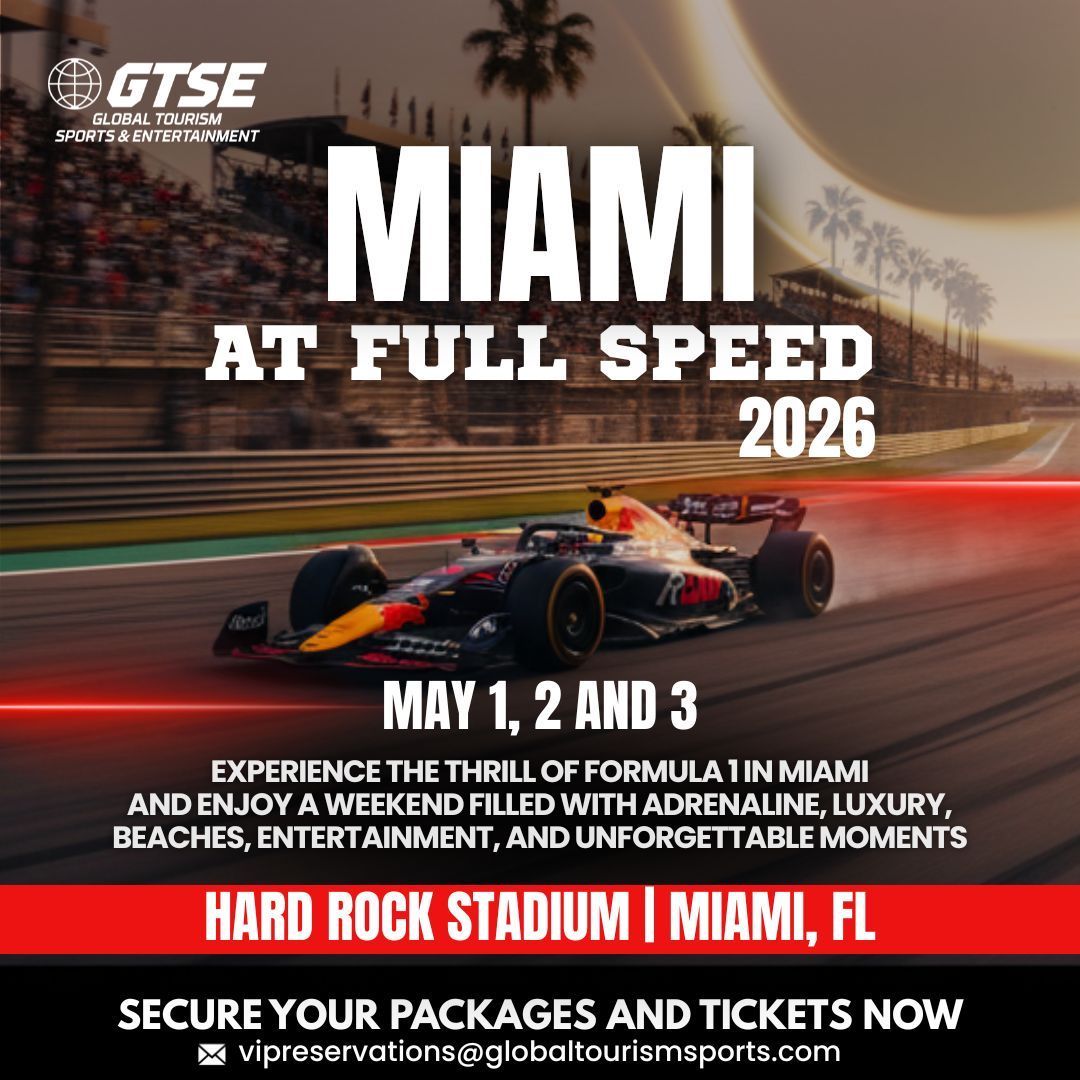 Miami Formula 1 race announcement for 2026 at Hard Rock Stadium with a red race car.