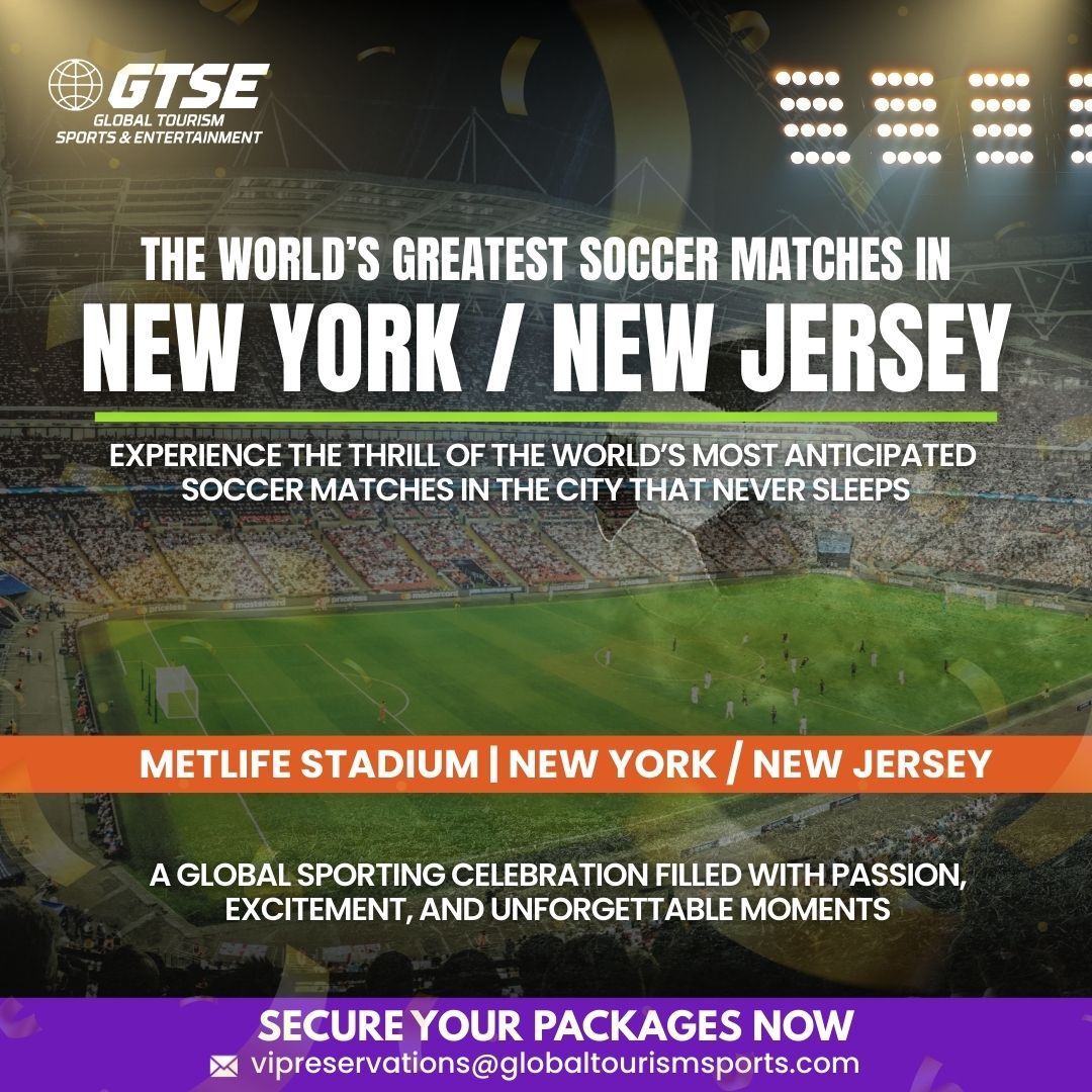 Promotional graphic for soccer matches at MetLife Stadium in New York/New Jersey, featuring a stadium aerial view.