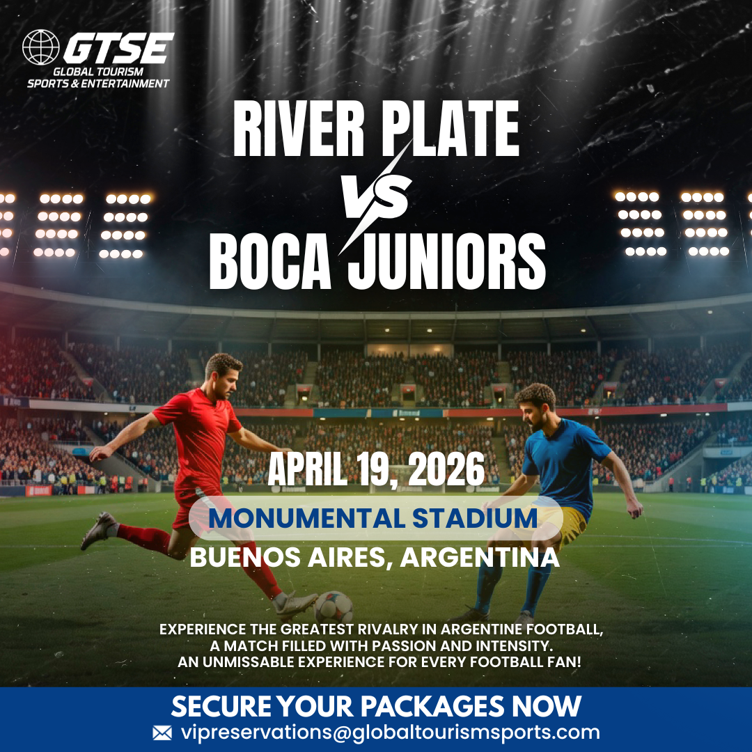 Soccer match poster: River Plate vs. Boca Juniors at Monumental Stadium, Buenos Aires, April 19, 2026. Two players, red and blue jerseys.