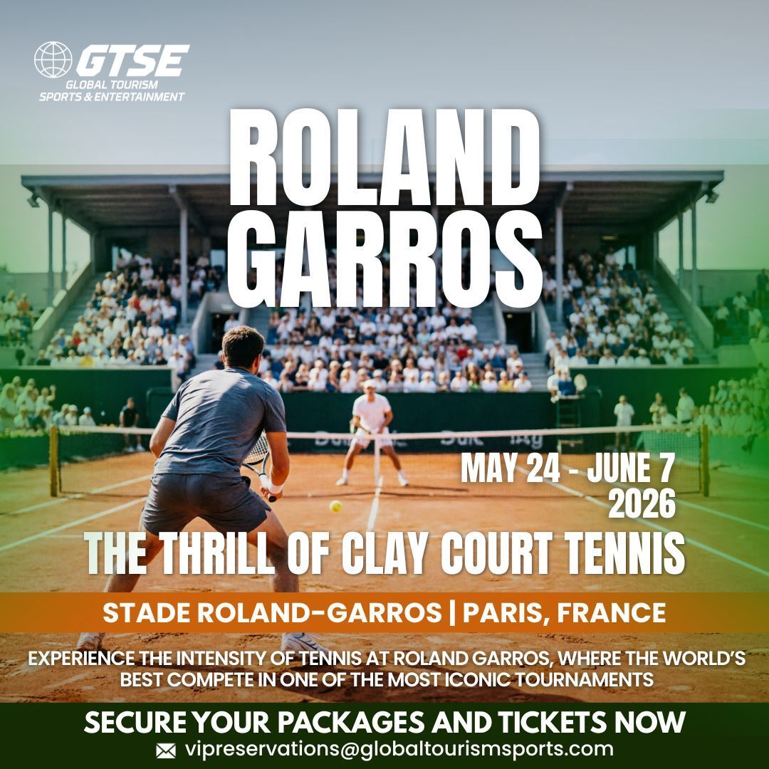 Promotional poster for the 2026 Roland Garros tennis tournament in Paris, France, featuring players on a clay court.