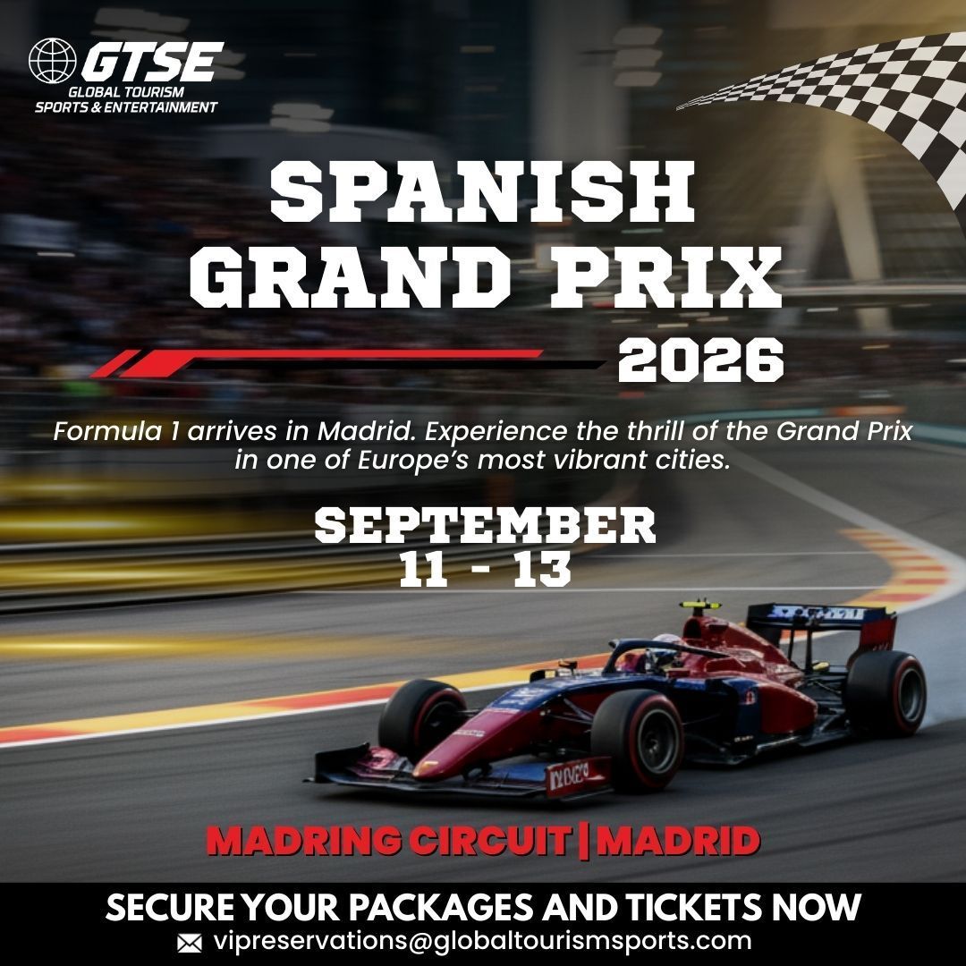 Spanish Grand Prix 2026 poster: Formula 1 race car, Madrid circuit, dates Sept. 11-13, with event details and website.