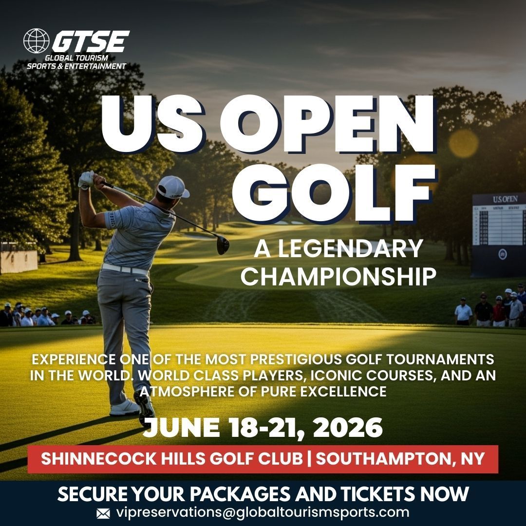 Advertisement for US Open Golf at Shinnecock Hills Golf Club, Southampton, NY, June 18-21, 2026. A golfer swings, green grass, and trees.