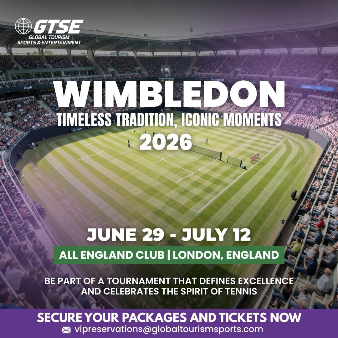 Wimbledon 2026 advertisement. Aerial view of tennis court at All England Club, London. Dates: June 29 - July 12.