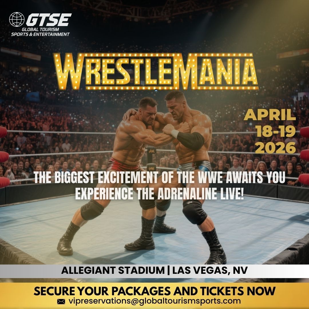 WrestleMania at Allegiant Stadium, Las Vegas, April 18-19, 2026. Wrestlers in a ring.