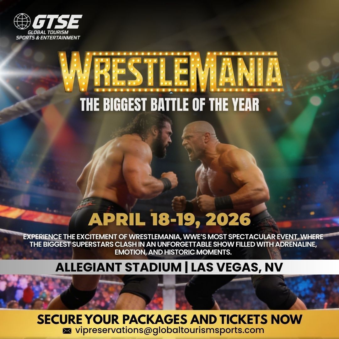 Wrestlemania event poster at Allegiant Stadium in Las Vegas. Two wrestlers facing off, dates April 18-19, 2026.