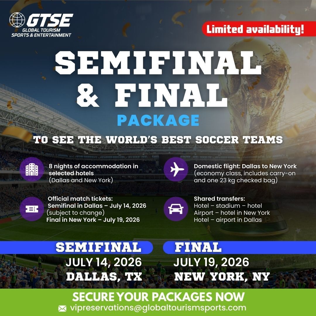 Soccer package advertisement: Semifinal & Final July 2026, Dallas & New York. Limited availability.