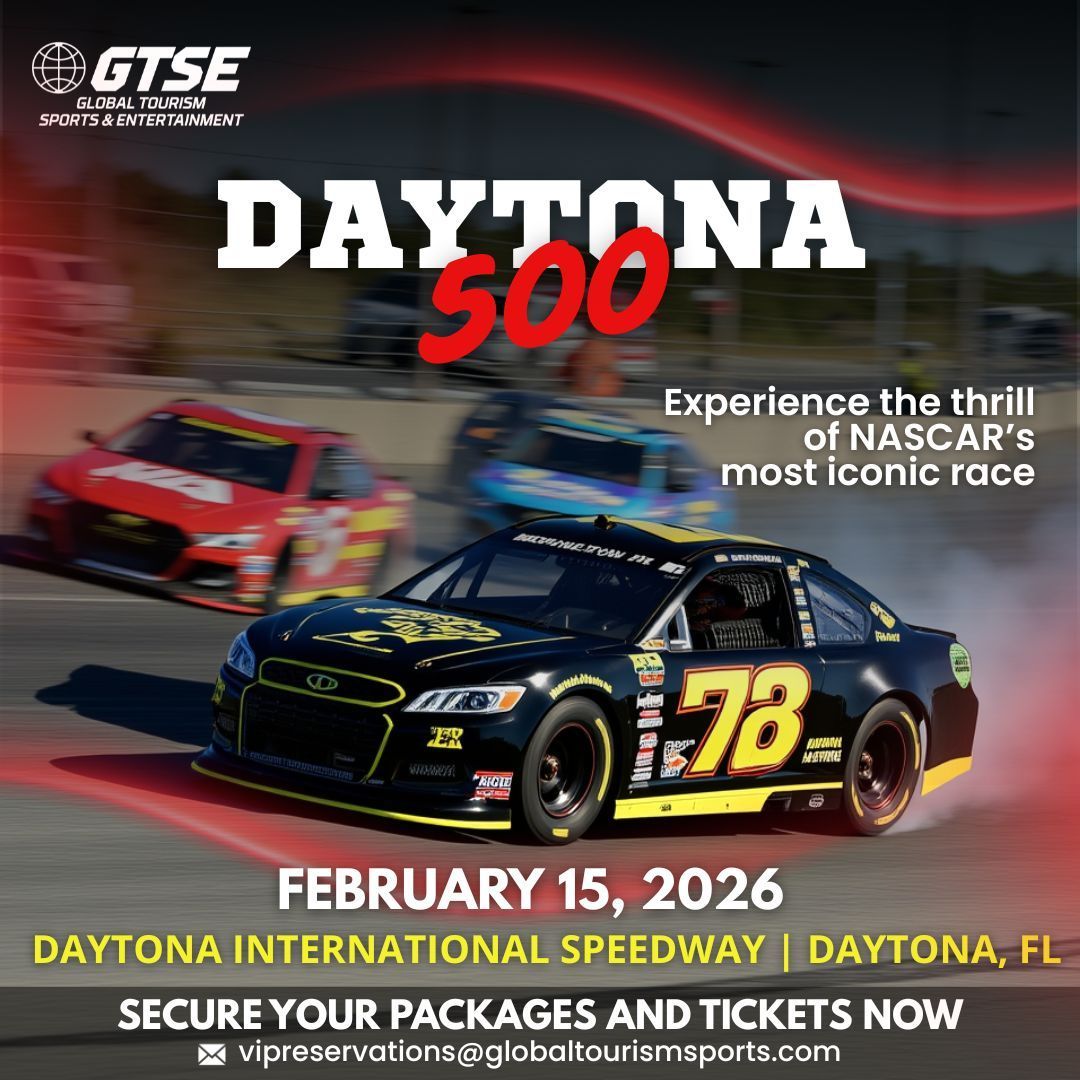 Daytona 500 race advertisement featuring cars on a track with date, location, and ticket information.