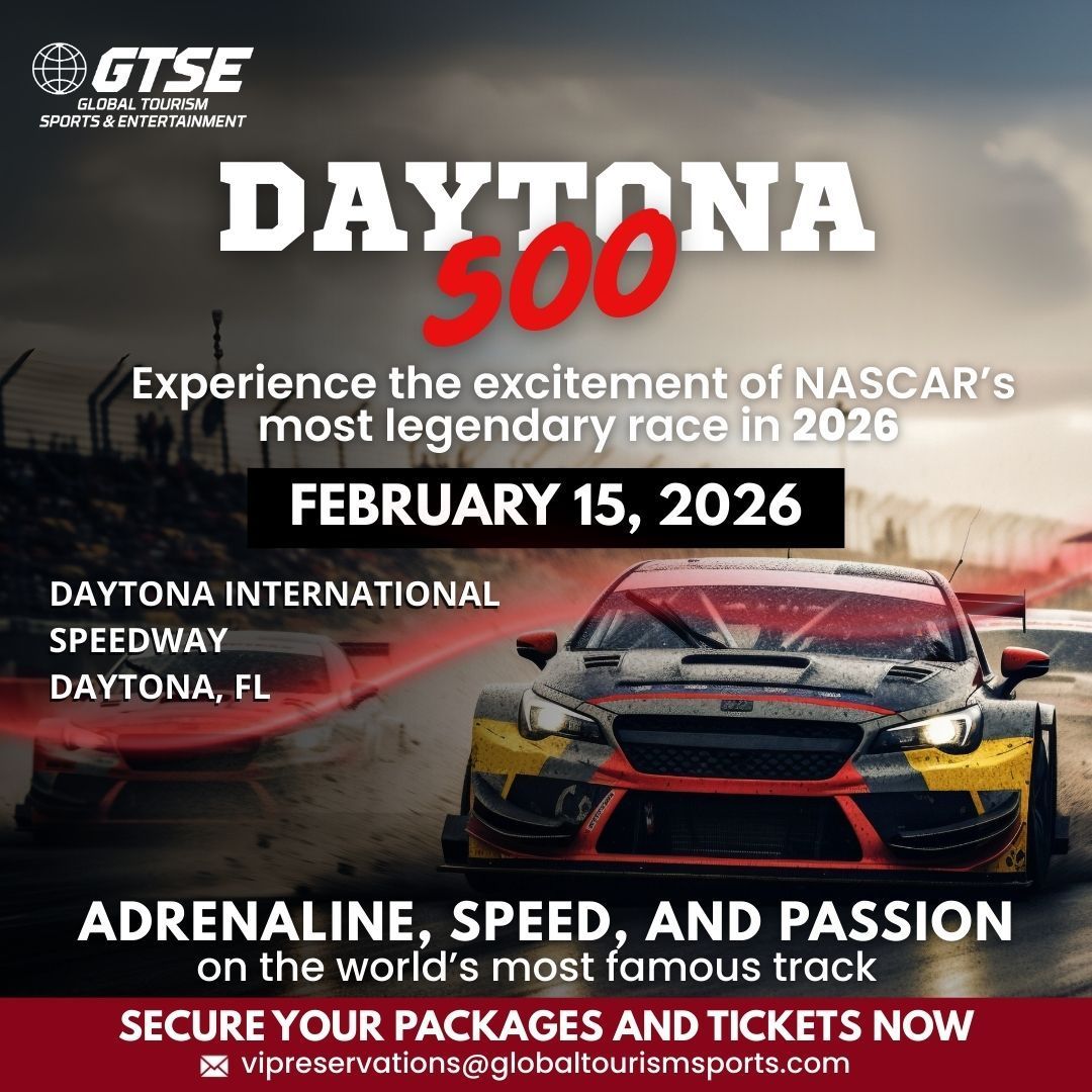 Advertisement for the Daytona 500 on February 15, 2026, at Daytona International Speedway, featuring a race car.
