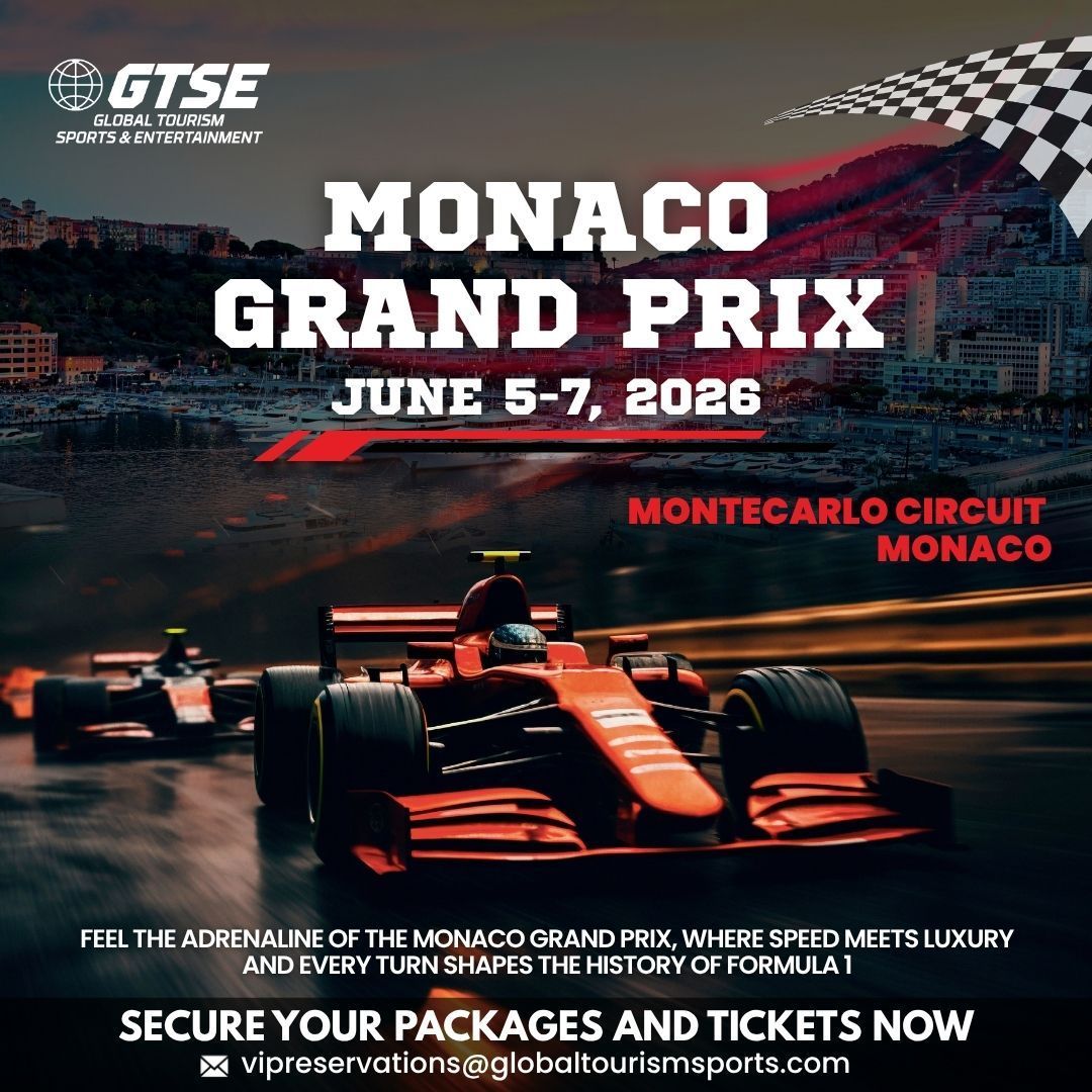Monaco Grand Prix ad. Red Formula 1 cars racing, June 5-7, 2026. 