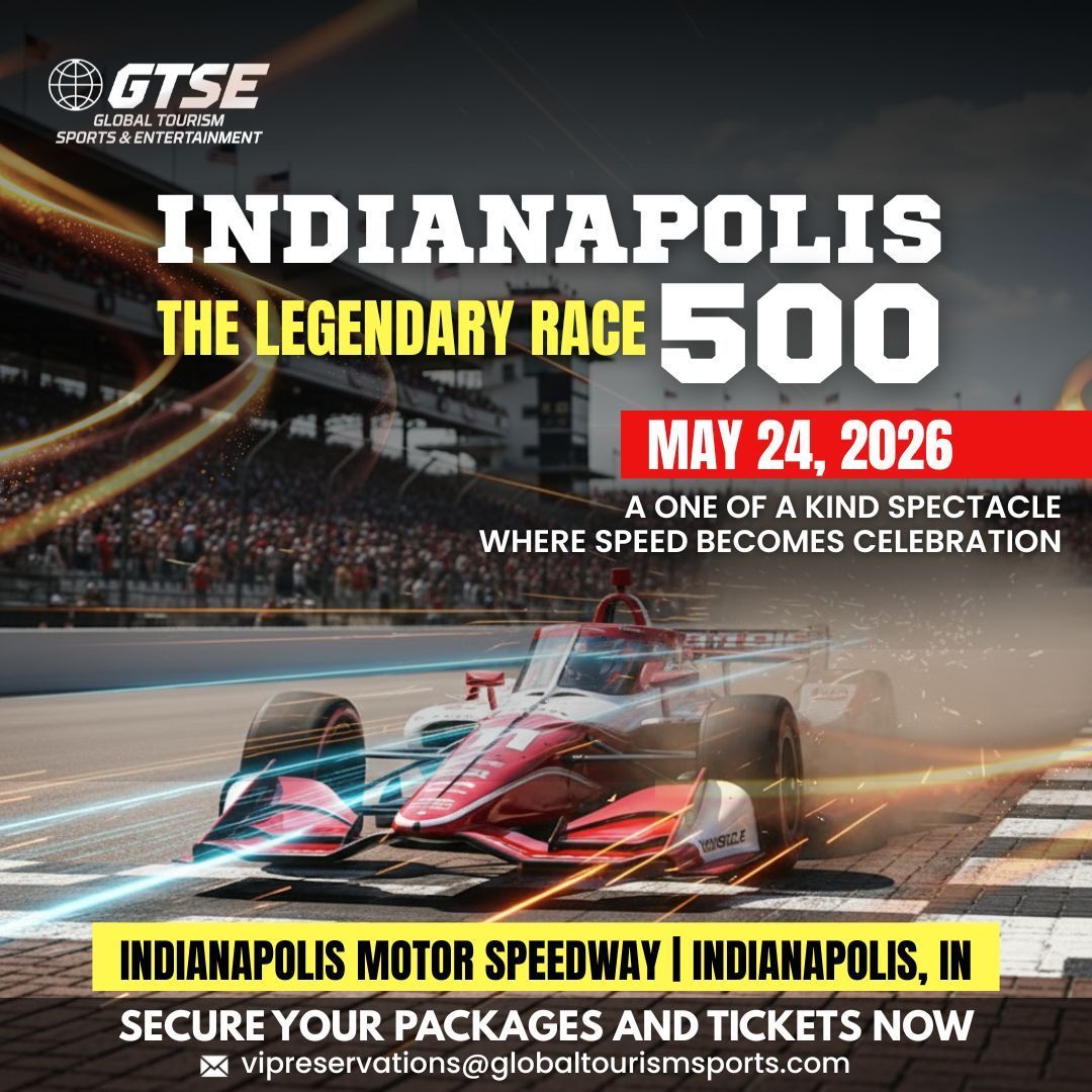 Advertisement for the Indianapolis 500 race on May 24, 2026. Race car on track, crowd in background.