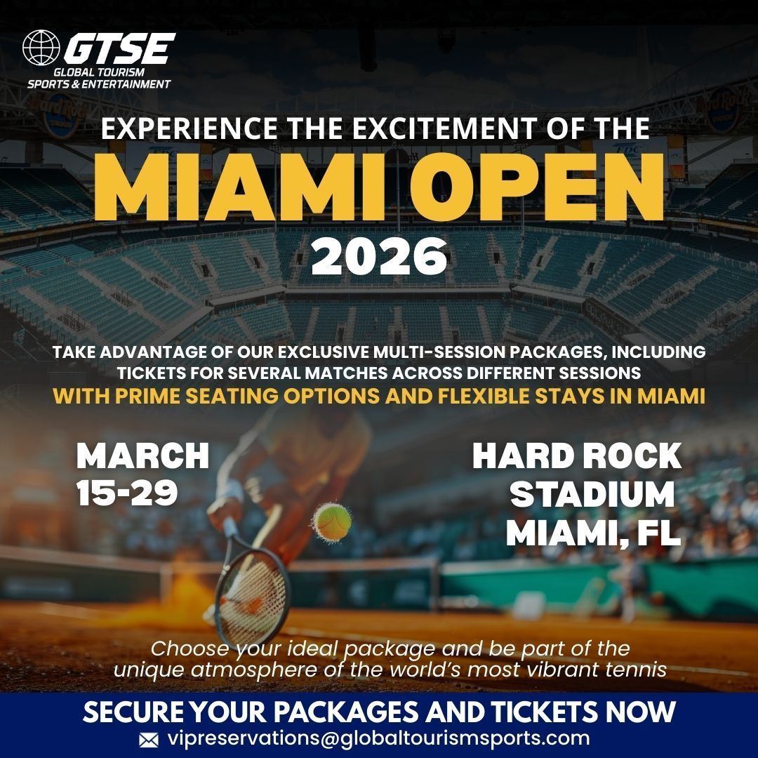 Advertisement for the 2026 Miami Open at Hard Rock Stadium, Miami, FL, offering multi-session packages with prime seating and flexible stays.