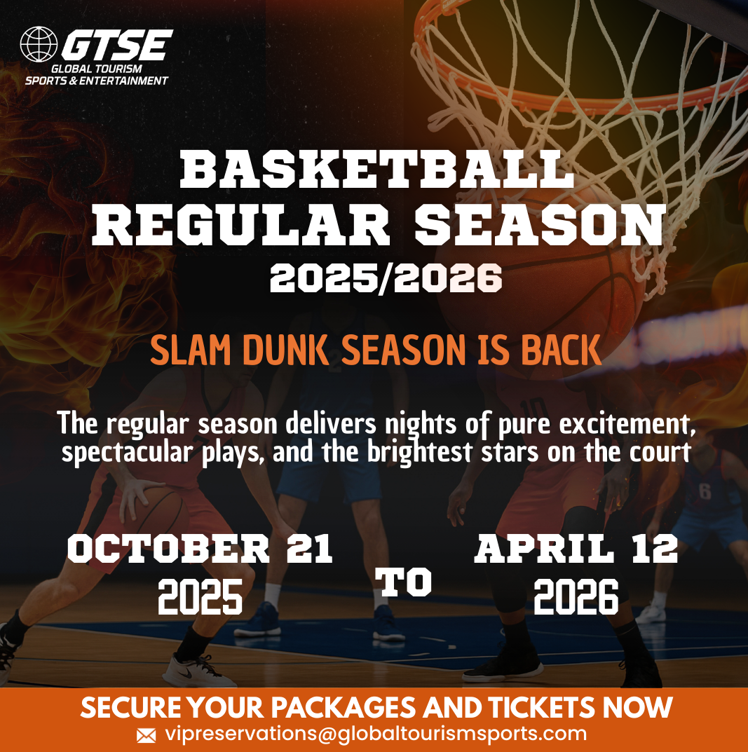 Basketball season announcement. Dates: Oct 21, 2025 - April 12, 2026. Slam dunk season is back! Contact for packages.