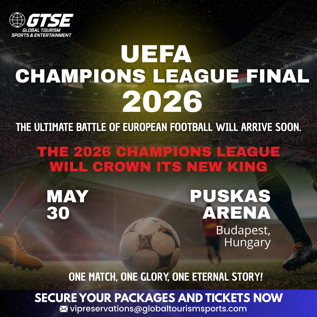 Advertisement for the 2026 UEFA Champions League Final at Puskas Arena, Budapest, Hungary, May 30.