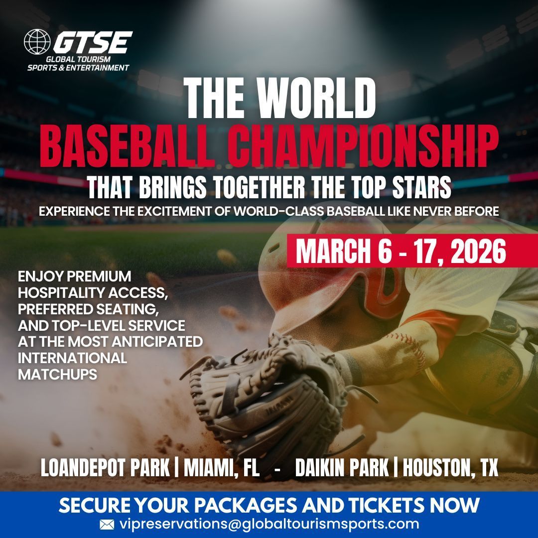 World Baseball Championship ad. Features baseball player, dates March 6-17, 2026. Locations: Miami, FL, and Houston, TX.