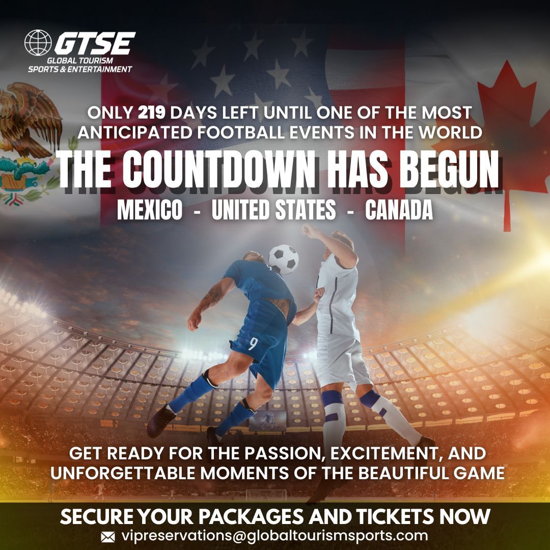 Countdown to football event in Mexico, USA, and Canada. Players battling for the ball with flags in the background.