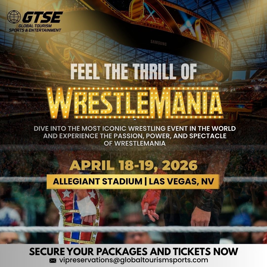 WrestleMania 2026 event promotion. Allegiant Stadium, Las Vegas. Dates: April 18-19.  Secure packages and tickets now.