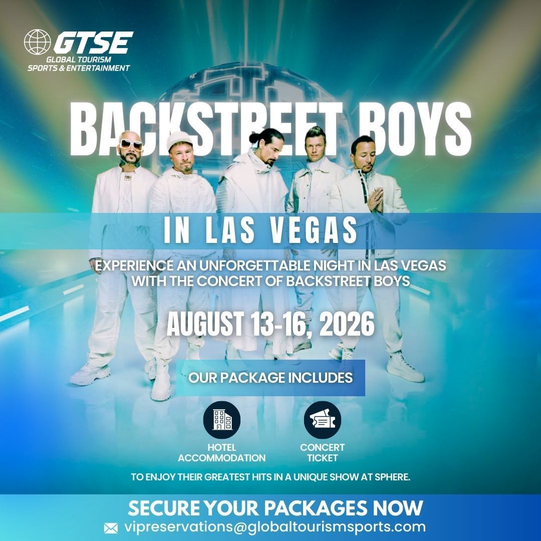A promotional flyer for a Backstreet Boys concert in Las Vegas at Sphere, August 13-16, 2026, featuring hotel packages.