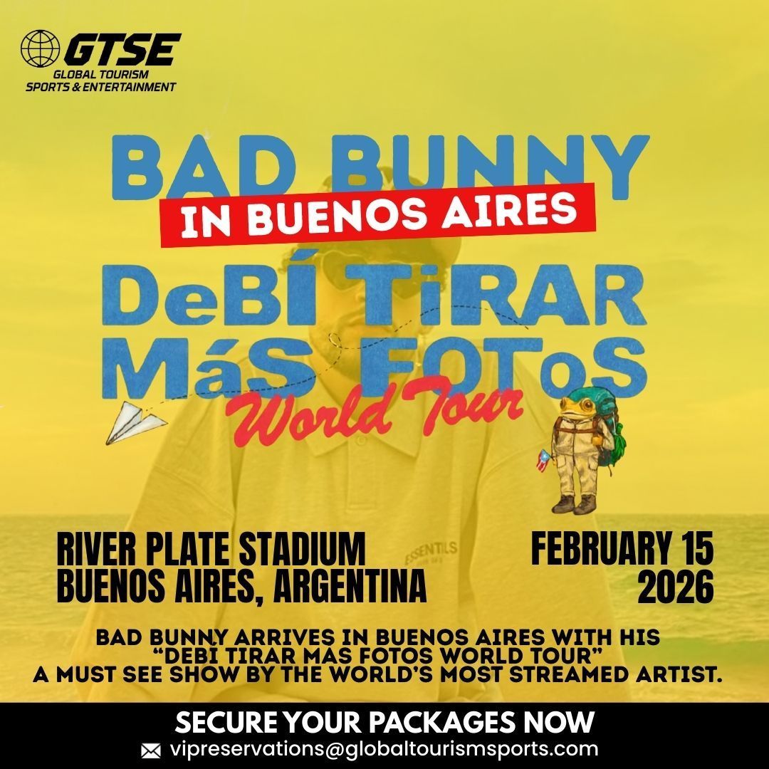 Bad Bunny concert poster in Buenos Aires, Argentina, February 15, 2026, at River Plate Stadium.