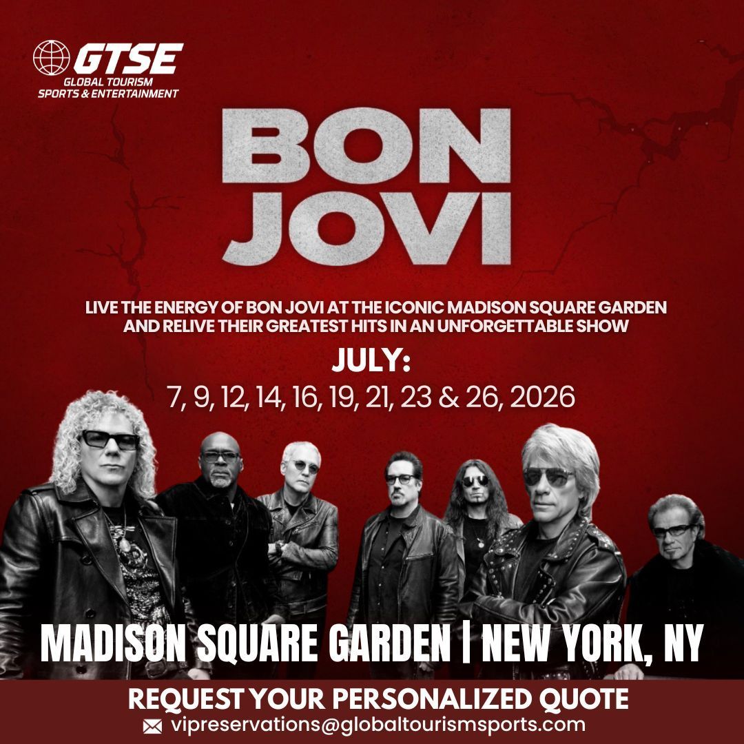Bon Jovi concert poster in red, with tour dates at Madison Square Garden, New York, July 2026