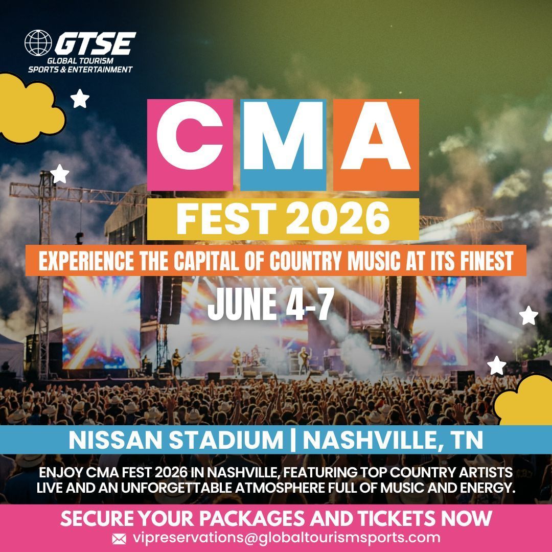 CMA Fest 2026 concert poster with fireworks, June 4–7 at Nissan Stadium, Nashville, TN
