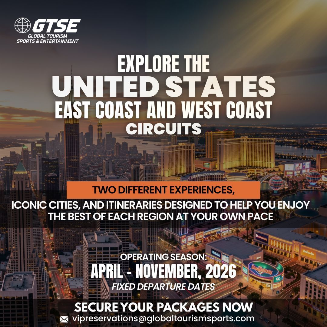 Travel ad: Explore US East and West Coast circuits. Operating April-Nov 2026. Iconic cities, fixed departure dates.