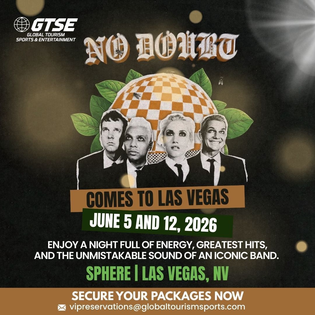 Poster for No Doubt concert in Las Vegas, June 5 & 12, 2026. Sphere venue. Band members' portraits, green and gold design.