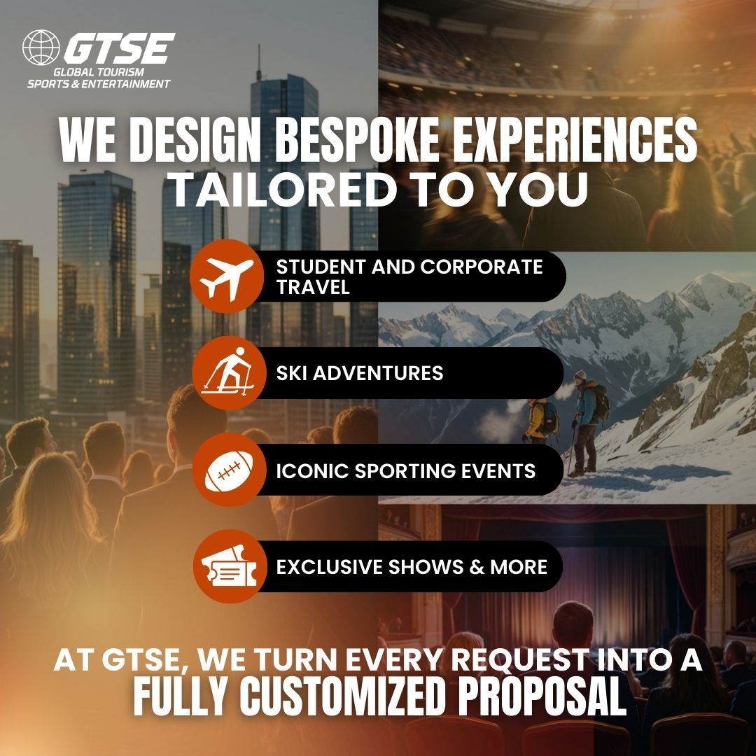 Advertisement for GTSE, a travel company, highlighting bespoke experiences: student travel, ski adventures, sporting events, shows.